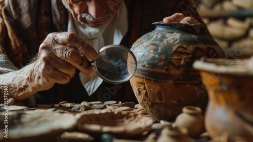 Enthusiast examining ancient artifacts up close, holding a magnifying glass, detailrich scene with pottery and tools from antiquity