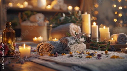 Aromatherapy session with essential oils diffusing in a serene spa, candles lit, soft towels and calming herbal decorations