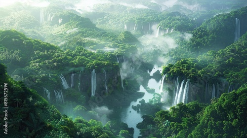 Behold the breathtaking sight of the expansive river meandering through the lush tropical rainforest adorned with cascading waterfalls generating a veil of glistening white mist