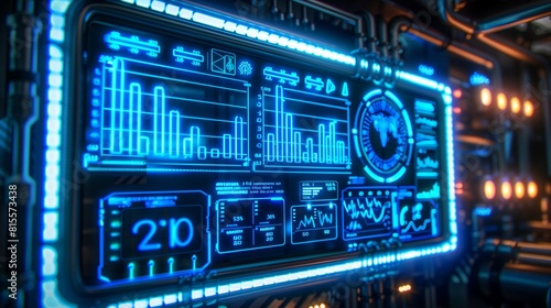 Neon Indigo Light Panel Displaying Electrical Consumption Data, Energy Monitoring