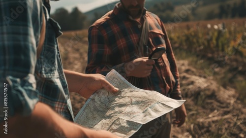Two men are looking at a map while hiking in the mountains. They are trying to figure out where they are and where they are going.