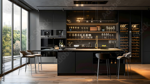 contemporary kitchen in a modern style wooden floor dark grey interior kitchen island cabinet with glass doors and lighting for wine glasses upholstered chairs countertops with black : Generative AI