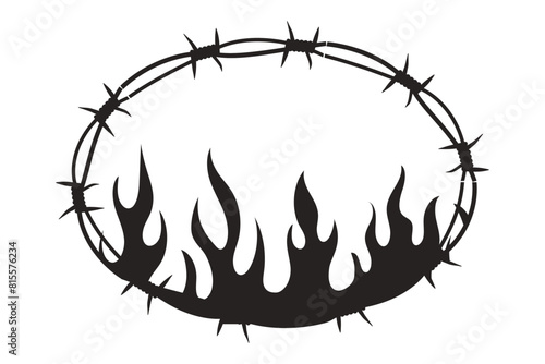 Wire Barb oval frame y2k tattoo border with flame silhouette gothic spiky punk print neo tribal isolated on white background. Barbwire emo boundary heart shape.