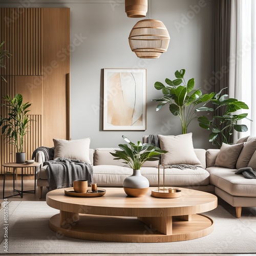 Interior of modern living room with sofa, wooden coffee table and plants