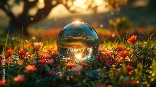 Discover the hidden world within a dewdrop, where tiny reflections of the surrounding landscape create a miniature universe of light and color, rendered in cinematic perfection.