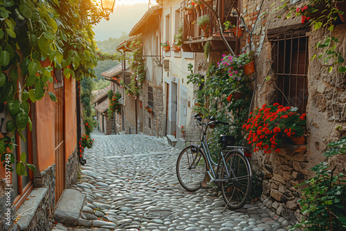 Cobblestone streets and bicycles in a quaint European town at sunrise. Rustic European charm. Romantic travel and tourism concept for design and posters. With ample space for text.
