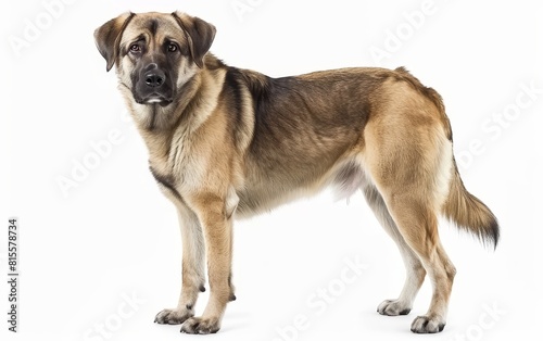 A standing Anatolian Shepherd Dog is captured in profile, showing off its muscular silhouette and dense tan coat. This breed is known for its endurance and protective instinct.