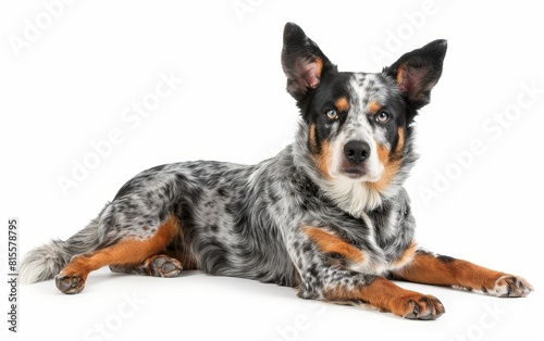 An Australian Cattle Dog sits with confidence, its sharp gaze and striking merle coat pattern illustrating its active and protective disposition.