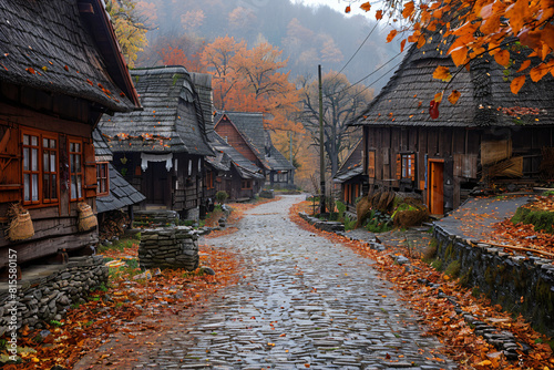 Picturesque village scene with thatched roofs, cobblestone streets, and autumn colors. High-resolution rural photography. Seasonal beauty and tranquility. Design for postcards and brochures. Path view