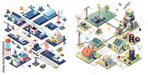 The smart grid diagram is shown below. Isometric illustration of electricity production plants.
