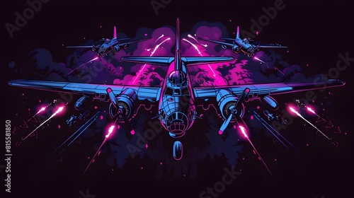 Cutting Edge American Bomber Squadron Soaring Over Enemy Skies in Dazzling Synthwave Esports Style