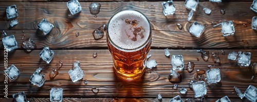 Overhead shot of a beer glass surrounded by scattered ice cubes on a rustic wooden table, forced perspective style