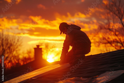 Roof repair photograph of a person replacing shingles on their house roof, focus on, maintenance theme, realistic, Silhouette, suburban home