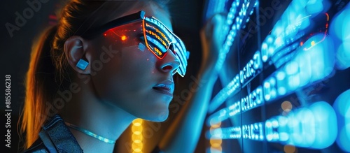A stylish woman wearing digital glasses poses at a neon digital light panel. AI generated image