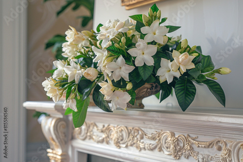 A bouquet of fragrant gardenias on a classic French provincial shelf, enhancing the elegance of a formal living room.