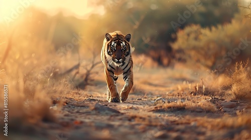 Great tiger male in the nature habitat Tiger walk during the golden light time Wildlife scene with danger animal Hot summer in India Dry area with beautiful indian tiger Panthera tigri : Generative AI