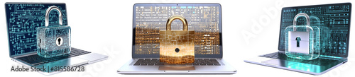 Set of three laptops with digital padlocks as a symbol for cyber security and data protection, isolated on a transparent background