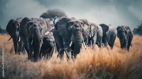 Herd of Elephants in Africa walking through the grass in Tarangire National Park Tanzania : Generative AI