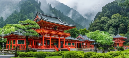 Tranquil japanese shrine in enchanted misty mountains, a serene fantasy temple amidst the fog