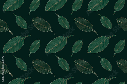 Luxury dark green vector seamless pattern with golden outline tropical leaves