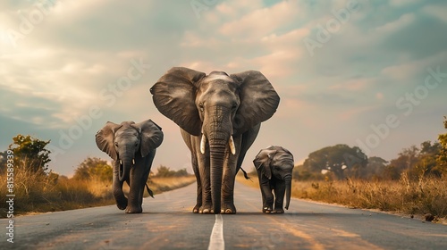 African Bush Elephants Loxodonta africana family walking on the road in wildlife reserve Greeting from Africa : Generative AI