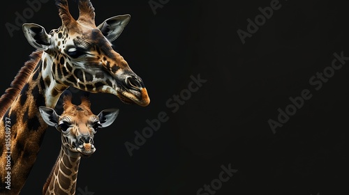 Mom And Baby Giraffe Face Black Background : Generative AI