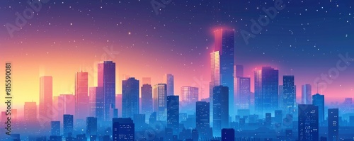 A futuristic metropolis where towering skyscrapers soar into the sky, their reflective surfaces shimmering in the light of a thousand stars. illustration.