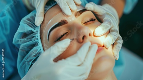 surgeon in sterile gloves getting ready medical instruments. Woman getting ready for plastic surgery