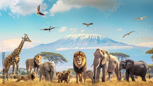 Group of many African animals giraffe lion elephant monkey and others stand together in with Kilimanjaro mountain on background : Generative AI
