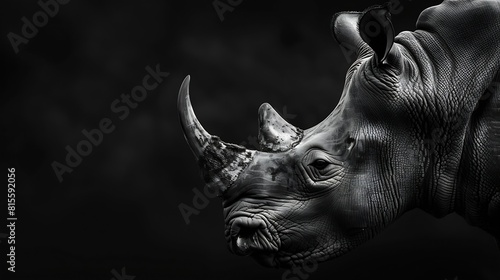 Highly alerted rhinoceros black and white monochrome portrait Fine art South Africa Ceratotherium simum : Generative AI