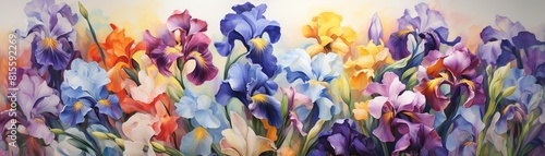 Colorful irises in a painterly style, impressionistic strokes creating a vibrant, artistic floral scene