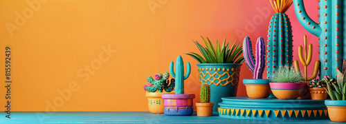 A colorful collection of cacti in pots standing on a table in front of an orange and pink wall