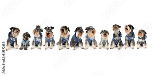 big group of miniature schnauzer dog with jacket isolated on white 
