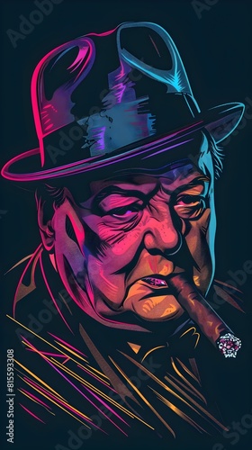 Powerful Depiction of Iconic British Leader Winston Churchill with Stoic Expression and Signature Cigar on Solid Black Background in Bright Esports