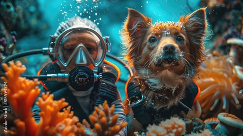A man and his dog are scuba diving together in the ocean.