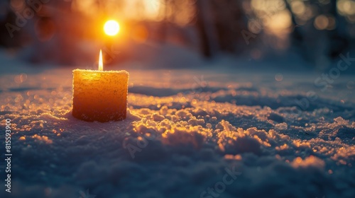 A single candle burning in the snow at sunset.