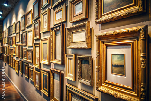 A close-up of empty frames on a gallery wall, waiting to be filled with captivating artwork and stories.