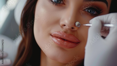 doctor cosmetologist makes Lip augmentation procedure of a beautiful woman in a beauty salon