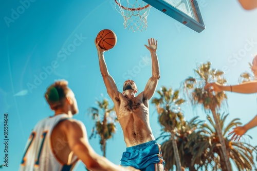Young men having a friendly game of basketball in a serene and tropical location