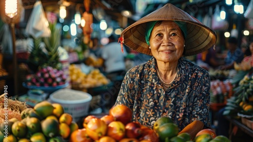 An elderly woman wearing a traditional Vietnamese conical hat smiles at the camera while selling fruit at a market.