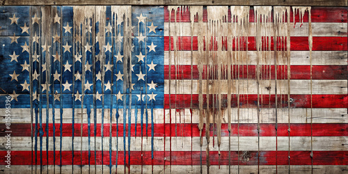 A creative interpretation of the US flag incorporating the texture of weathered wooden planks, accented with abstract paint drips.