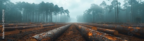 Deforestation Scene with Fallen Trees in Foggy Forest