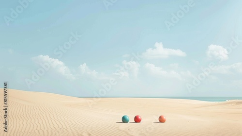 Une plage déserte avec des boules de pétanque colorées, sur un sable blanc