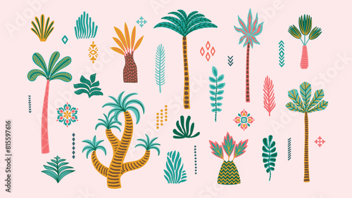 Set of drawn vector palm trees. Ethnic abstract isolated illustrations. Vector design