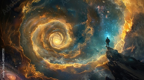 The image is depicting a man standing on a cliff, looking out at a vast and colorful nebula. The colors of the nebula are predominantly blue, orange and yellow.