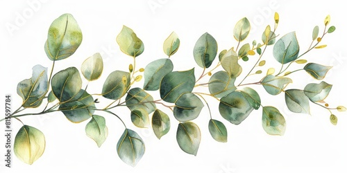 Watercolor bouquet of leaves and eucalyptus branch with gold. Botanical herbal for wedding or greeting card. Hand painted spring composition isolated on white background. illustration