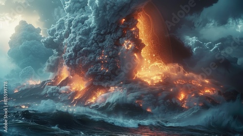 The image shows a large volcanic eruption in the middle of the ocean, with lava flowing into the water and a large plume of smoke and ash rising into the sky.