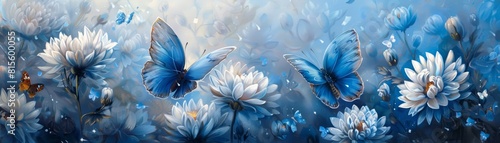 Blue and white flowers with blue butterflies.