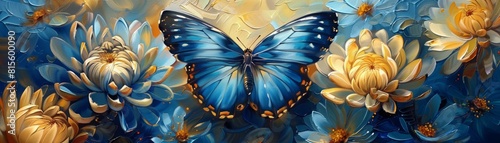 Blue and yellow flowers with a blue butterfly on a blurred background.