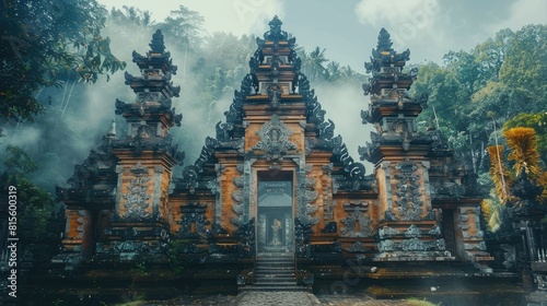 The majestic temple is shrouded in mist, creating a mystical and serene atmosphere.